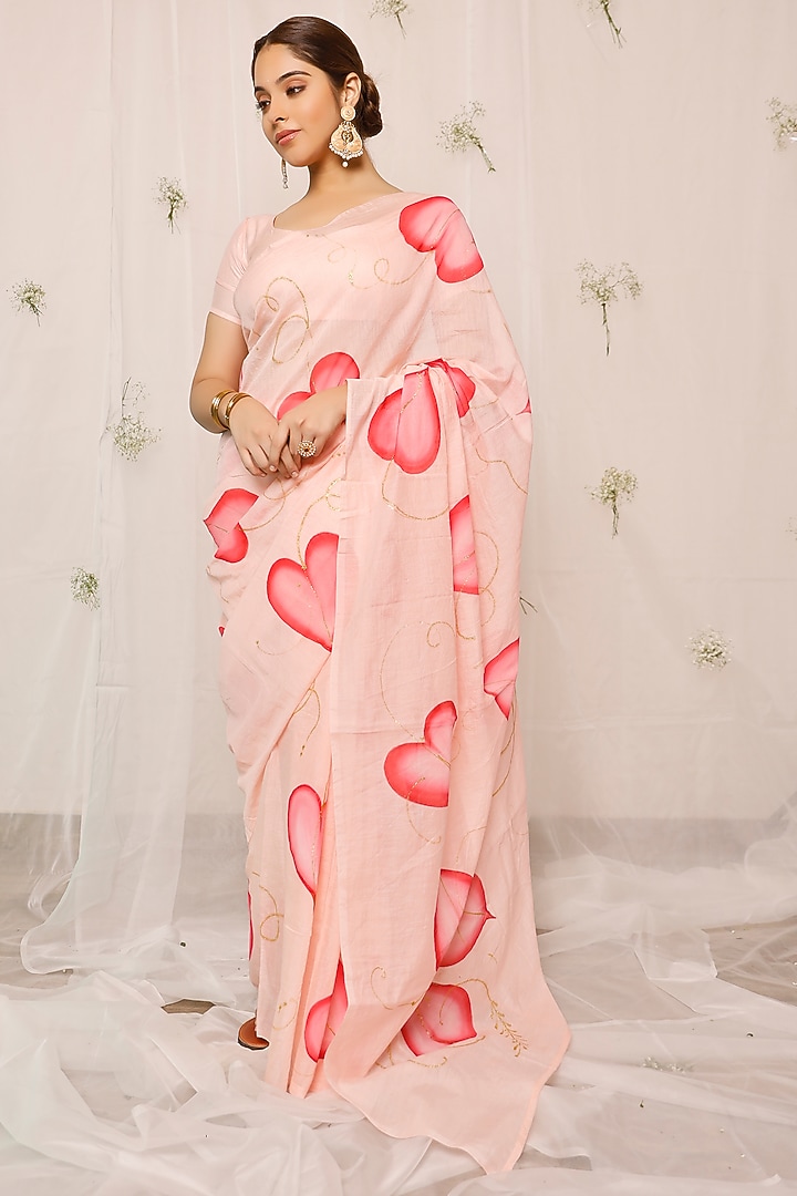 Peach Hand-Painted Festive Saree Set in Chanderi by Pheeta at Pernia's Pop Up Shop