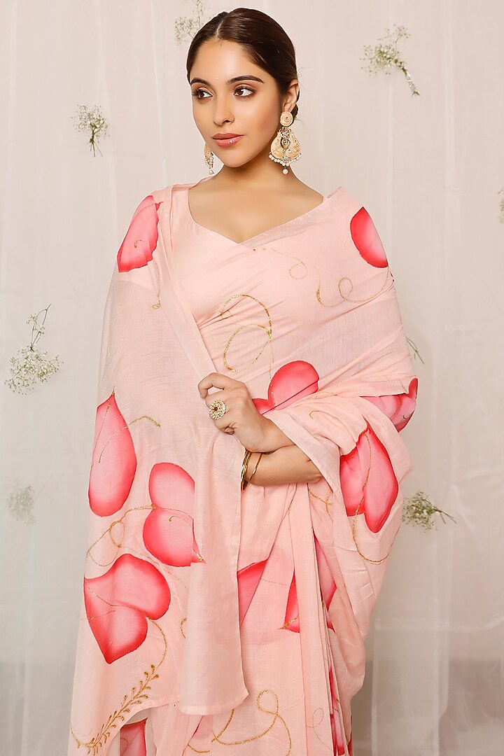 Peach Hand-Painted Festive Saree Set in Chanderi by Pheeta at Pernia's Pop Up Shop