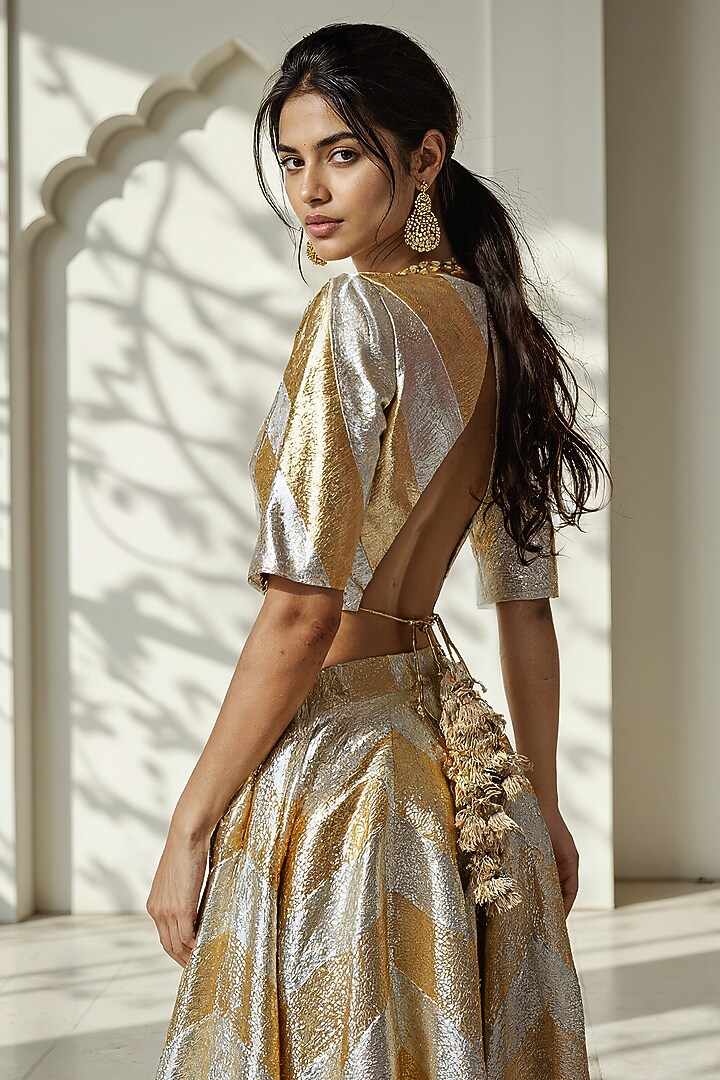 Gold Recycled Polyester Gota Embroidered Wedding Lehenga Set by Phatakaa at Pernia's Pop Up Shop