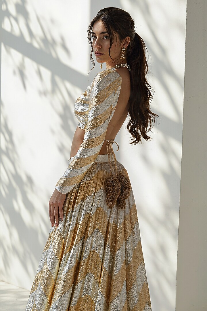 Gold Recycled Polyester Gota Embroidered Wedding Lehenga Set by Phatakaa at Pernia's Pop Up Shop