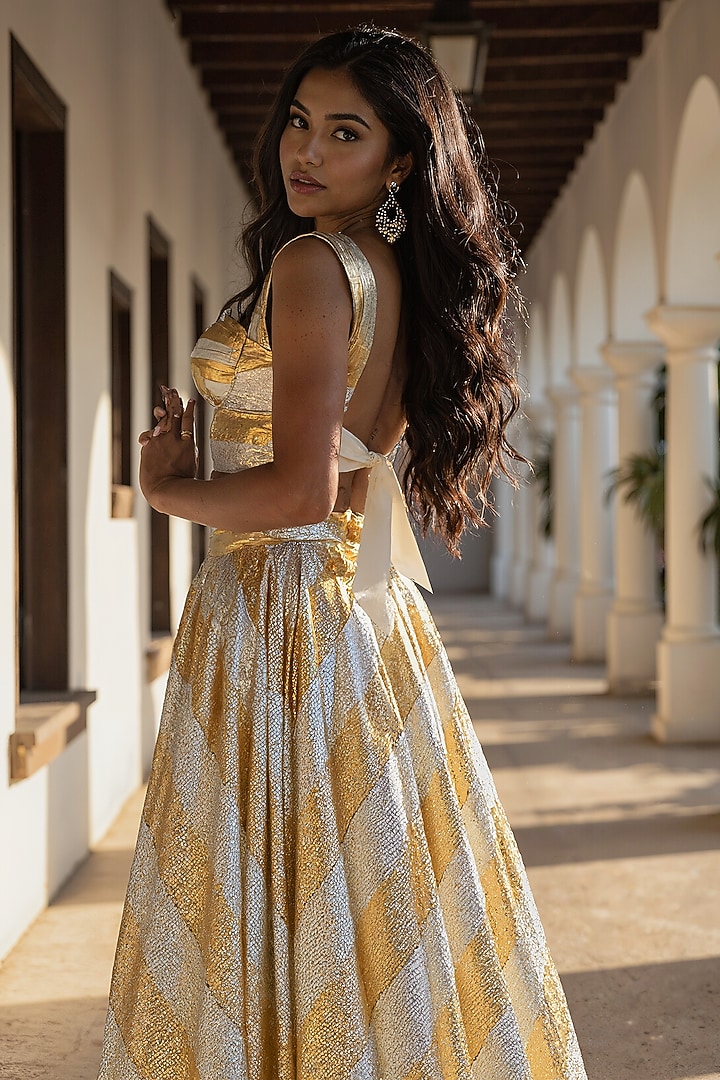 Gold Recycled Polyester Gota Embroidered Wedding Lehenga Set by Phatakaa at Pernia's Pop Up Shop