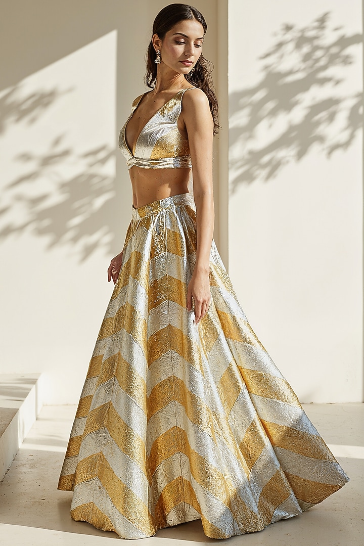 Gold Recycled Polyester Gota Embroidered Flared Wedding Lehenga Set by Phatakaa at Pernia's Pop Up Shop