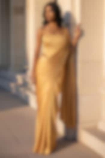 Gold Satin Crepe Pre-Stitched Party Wear Saree Set by Phatakaa at Pernia's Pop Up Shop