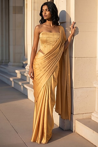 Gold Satin Crepe Pre-Stitched Saree Set by Phatakaa