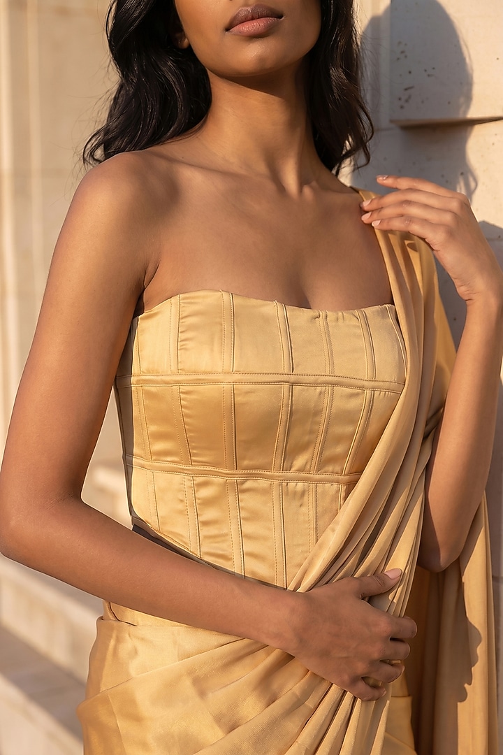 Gold Satin Crepe Pre-Stitched Party Wear Saree Set by Phatakaa at Pernia's Pop Up Shop
