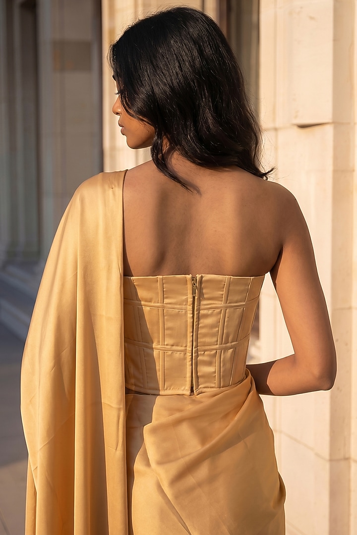 Gold Satin Crepe Pre-Stitched Party Wear Saree Set by Phatakaa at Pernia's Pop Up Shop