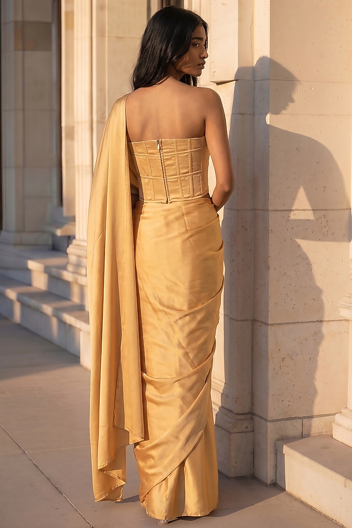 Gold Satin Crepe Pre-Stitched Party Wear Saree Set by Phatakaa at Pernia's Pop Up Shop