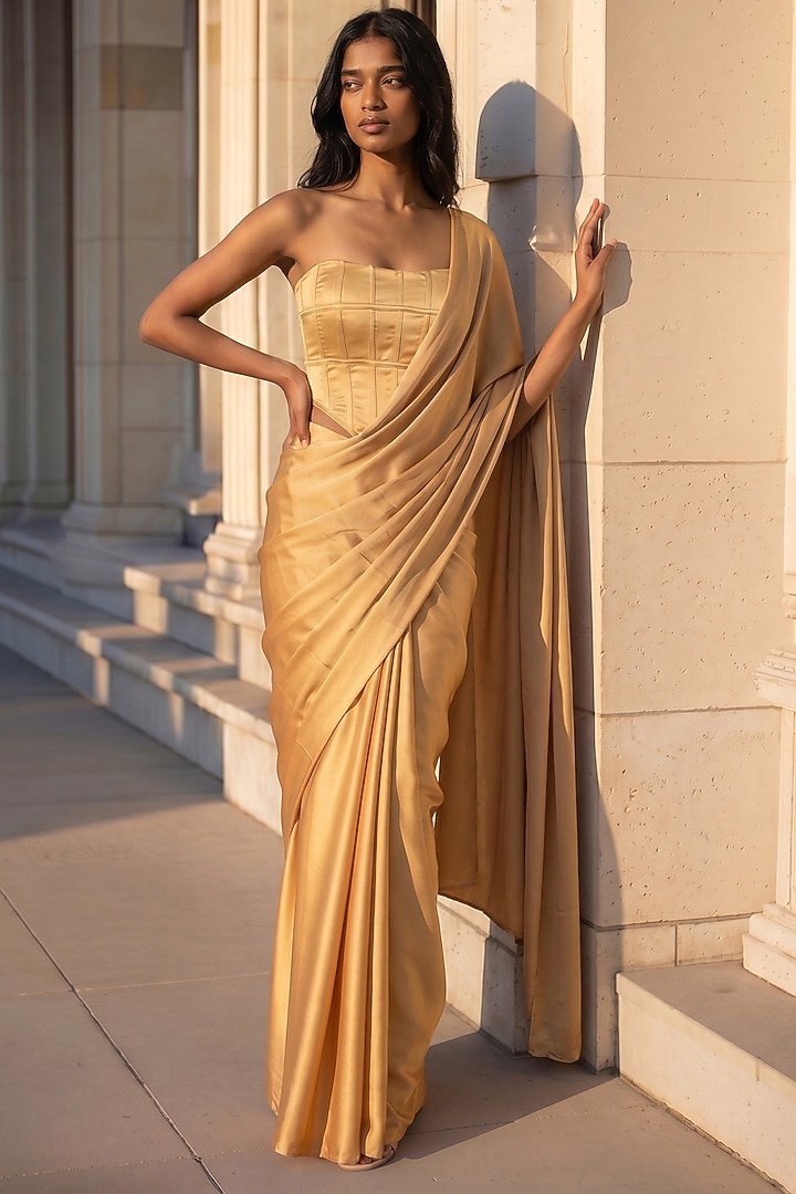 Gold Satin Crepe Pre-Stitched Party Wear Saree Set by Phatakaa at Pernia's Pop Up Shop