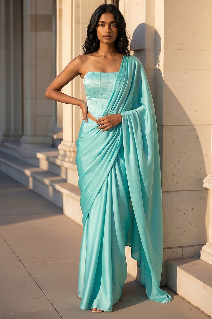 Turquoise Satin Crepe Pre-Stitched Party Wear Saree Set by Phatakaa at Pernia's Pop Up Shop