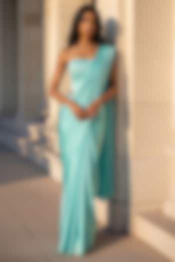 Turquoise Satin Crepe Pre-Stitched Party Wear Saree Set by Phatakaa at Pernia's Pop Up Shop