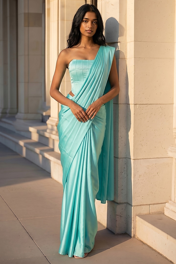 Turquoise Satin Crepe Pre-Stitched Party Wear Saree Set by Phatakaa at Pernia's Pop Up Shop
