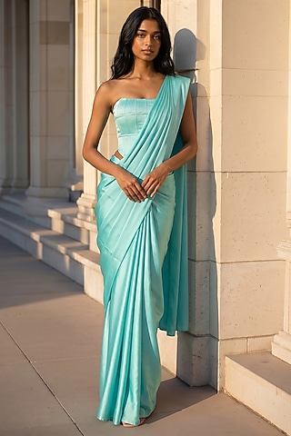 Turquoise Satin Crepe Pre-Stitched Saree Set by Phatakaa
