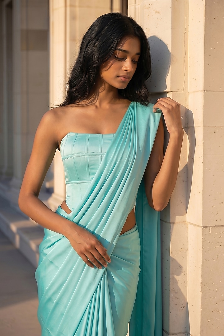 Turquoise Satin Crepe Pre-Stitched Party Wear Saree Set by Phatakaa at Pernia's Pop Up Shop
