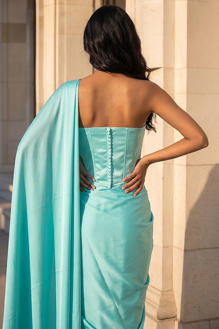 Turquoise Satin Crepe Pre-Stitched Party Wear Saree Set by Phatakaa at Pernia's Pop Up Shop