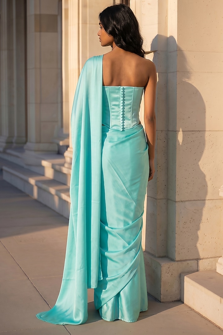 Turquoise Satin Crepe Pre-Stitched Party Wear Saree Set by Phatakaa at Pernia's Pop Up Shop
