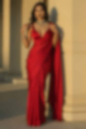 Red Satin Party Wear Saree Set by Phatakaa at Pernia's Pop Up Shop