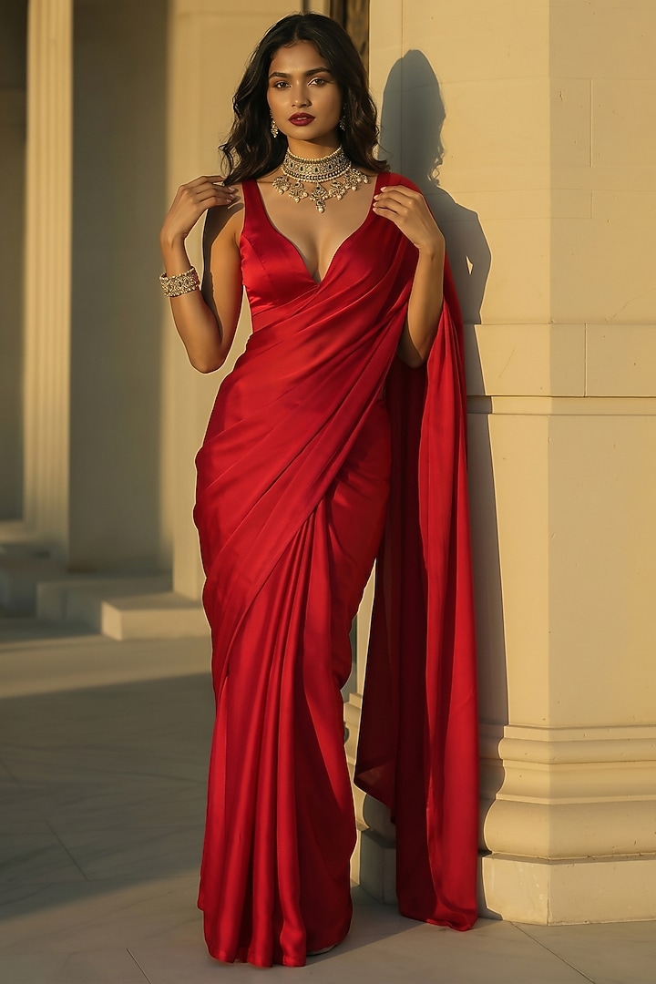 Red Satin Party Wear Saree Set by Phatakaa at Pernia's Pop Up Shop