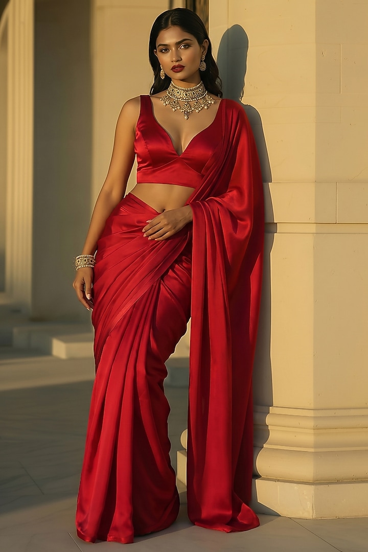 Red Satin Party Wear Saree Set by Phatakaa at Pernia's Pop Up Shop