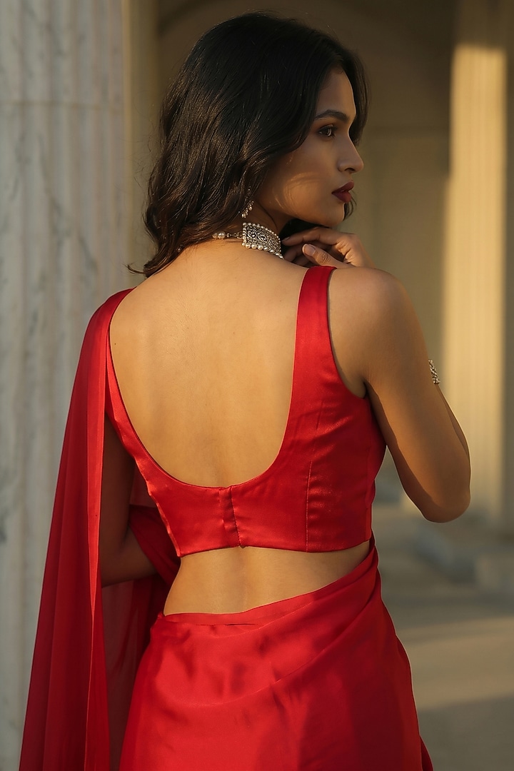 Red Satin Party Wear Saree Set by Phatakaa at Pernia's Pop Up Shop