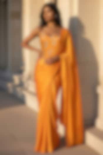 Mustard Recycled Polyester Pre-Stitched Party Wear Saree Set by Phatakaa at Pernia's Pop Up Shop