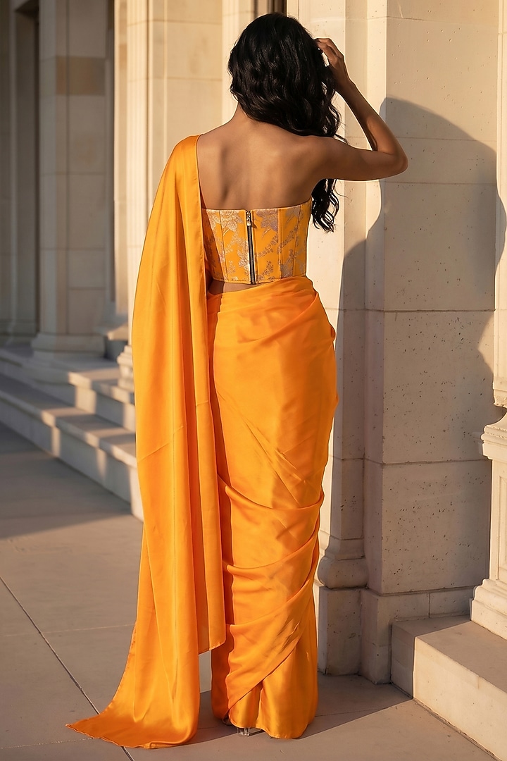Mustard Recycled Polyester Pre-Stitched Party Wear Saree Set by Phatakaa at Pernia's Pop Up Shop