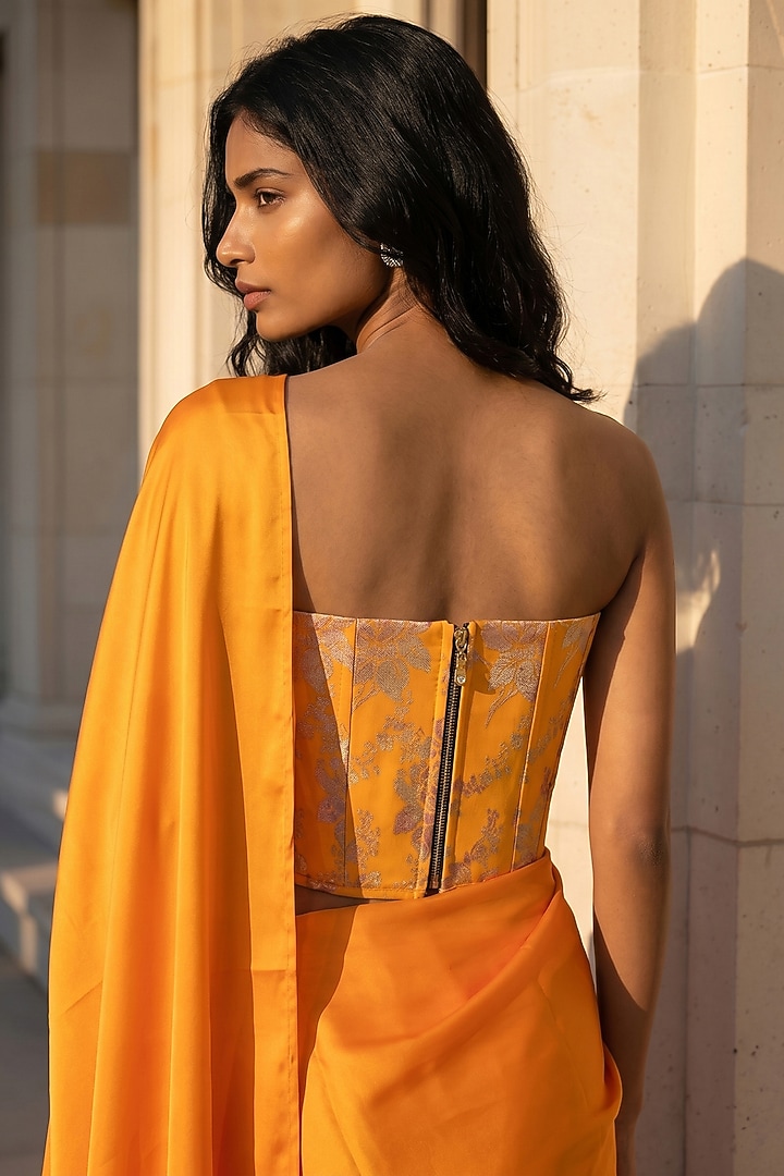 Mustard Recycled Polyester Pre-Stitched Party Wear Saree Set by Phatakaa at Pernia's Pop Up Shop