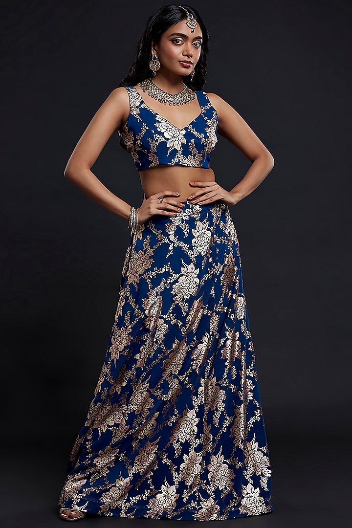 Navy Blue Recycled Polyester Printed Lehenga Set For Girls by Phatakaa Mini