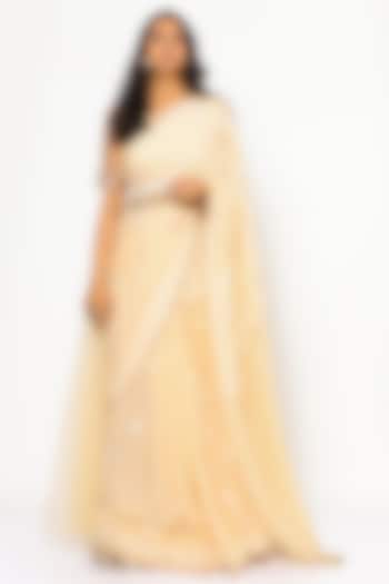 Light Beige Lucknowi Saree Set With Corset Belt by PhD  by House of PiaDeeksh