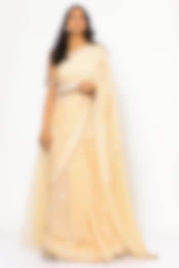 Light Beige Lucknowi Saree Set With Corset Belt by PhD  by House of PiaDeeksh at Pernia's Pop Up Shop