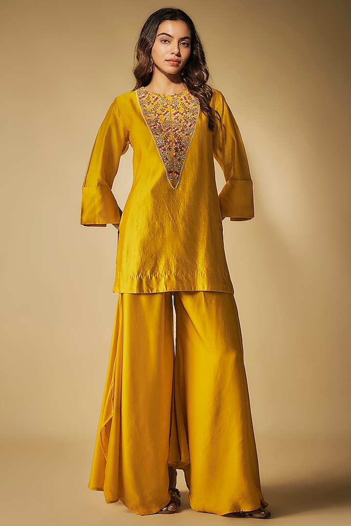 Mustard Modal Satin Chanderi Gota Patti Hand Embroidered Sharara Set by Phirny at Pernia's Pop Up Shop