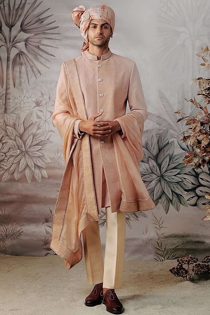 Peach Silk Embroidered Groom Sherwani Set by Philocaly at Pernia's Pop Up Shop