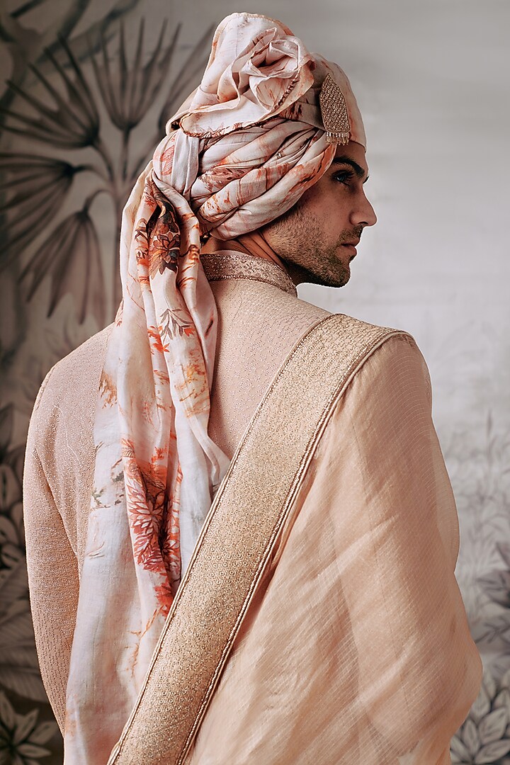 Peach Silk Embroidered Groom Sherwani Set by Philocaly at Pernia's Pop Up Shop
