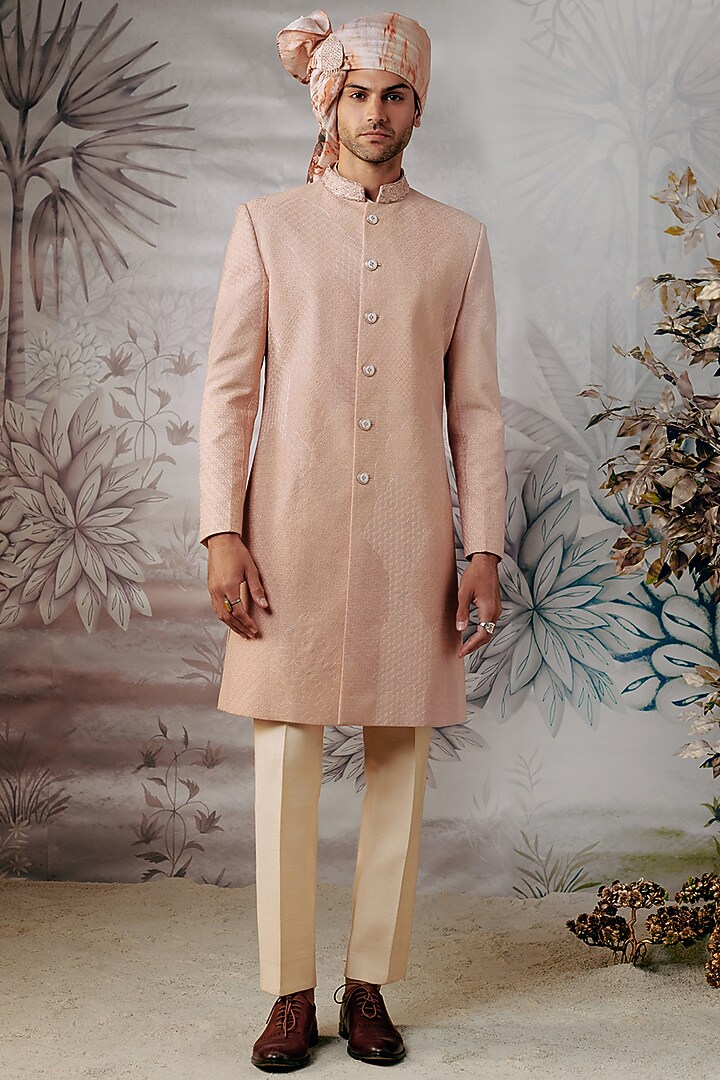 Peach Silk Embroidered Groom Sherwani Set by Philocaly at Pernia's Pop Up Shop