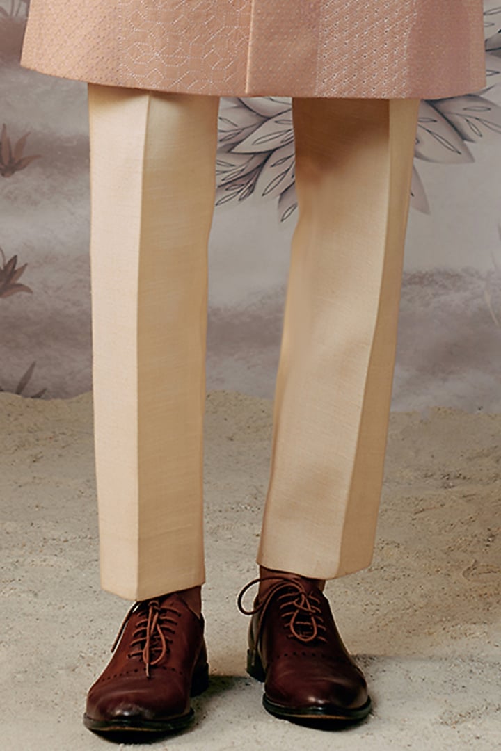 Peach Silk Embroidered Groom Sherwani Set by Philocaly at Pernia's Pop Up Shop