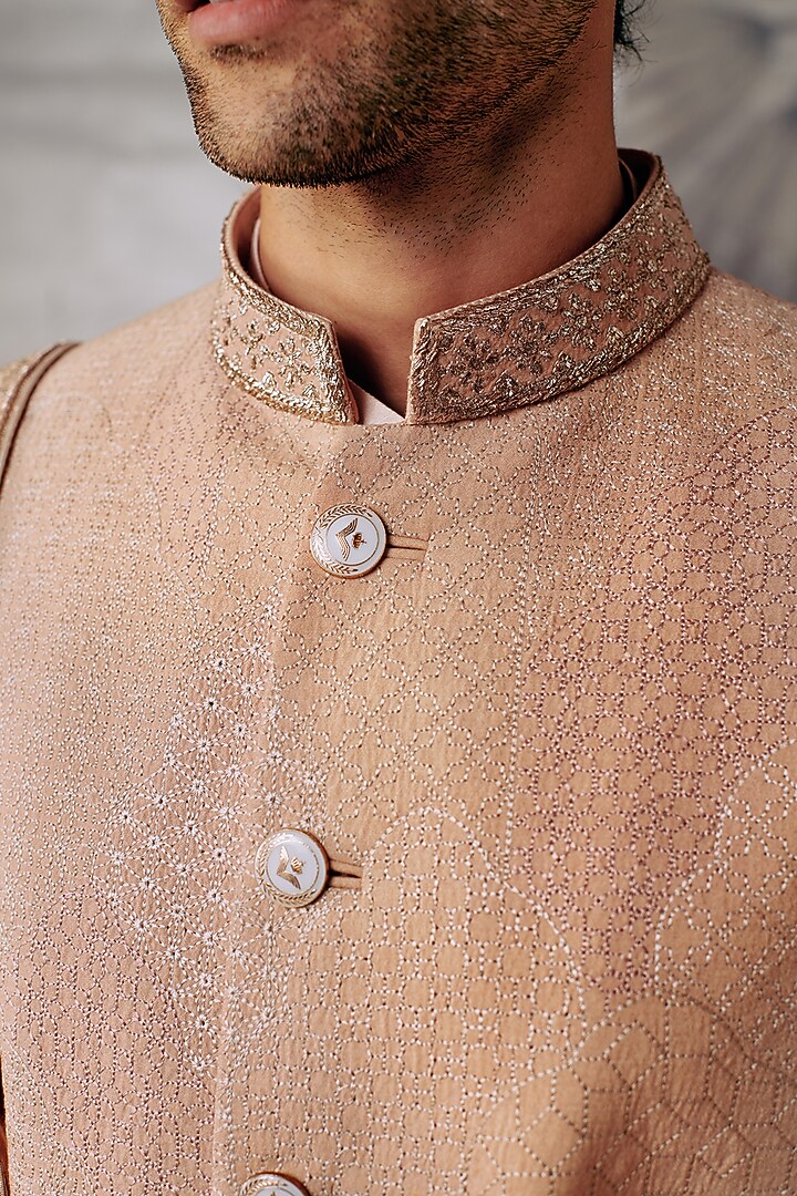 Peach Silk Embroidered Groom Sherwani Set by Philocaly at Pernia's Pop Up Shop