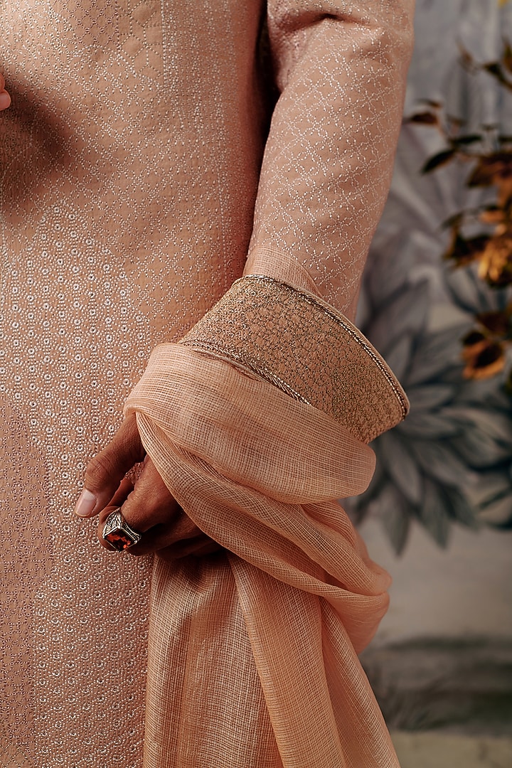 Peach Silk Embroidered Groom Sherwani Set by Philocaly at Pernia's Pop Up Shop
