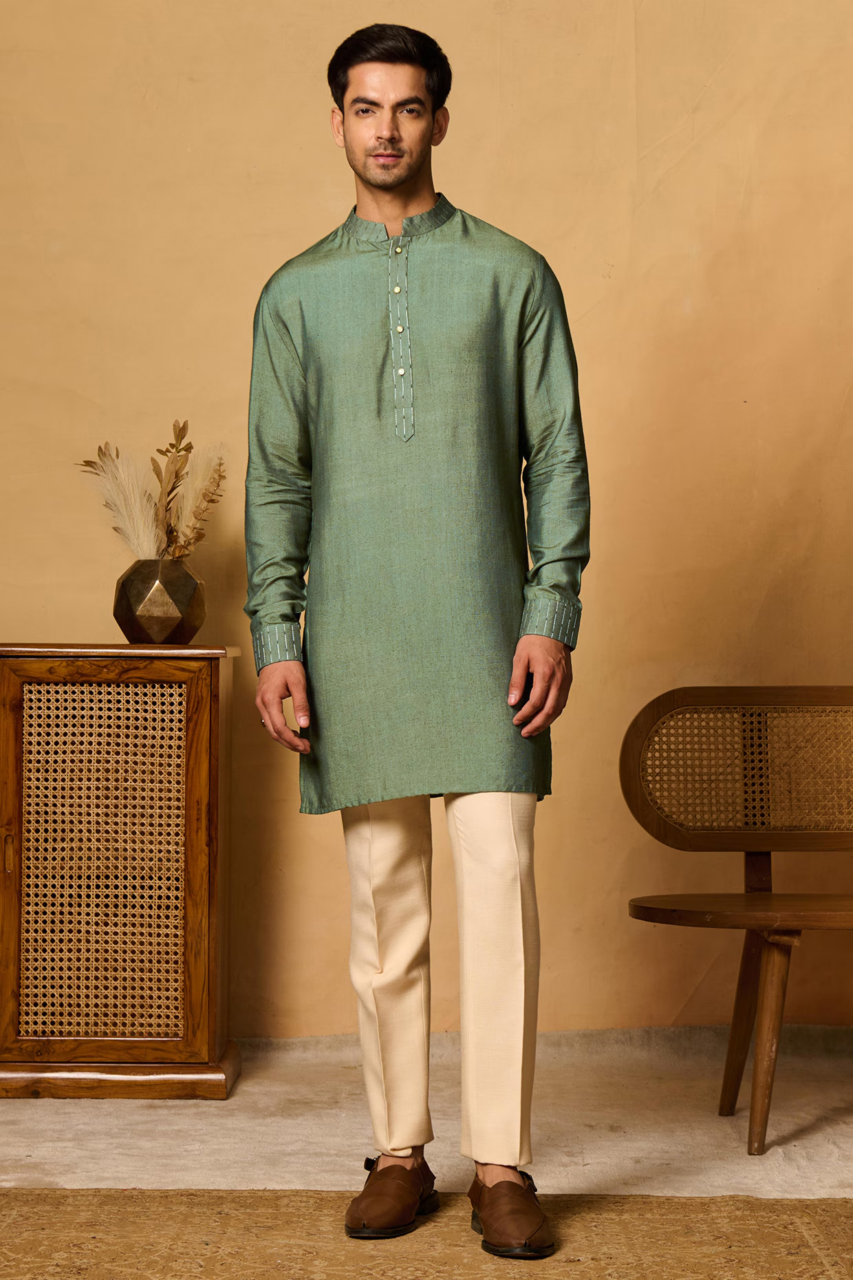 Dark Green Cotton Blend Dori Work Kurta by Philocaly