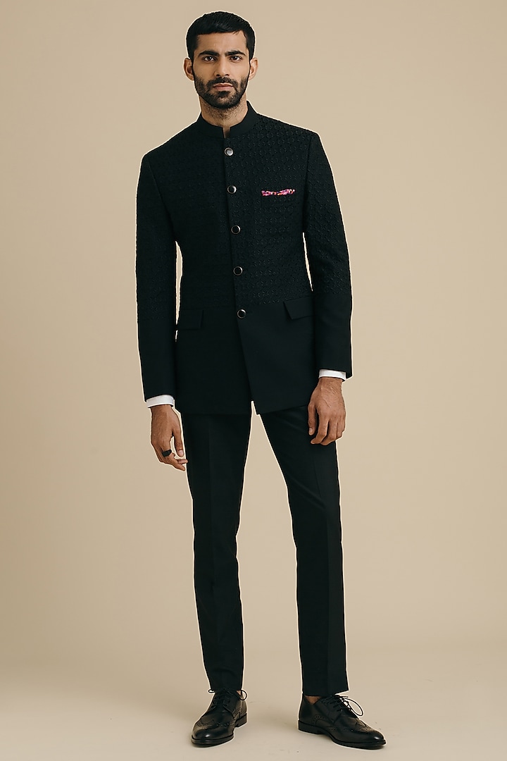 Black Milan Embroidered Wedding Bandhgala Jacket by Philocaly at Pernia's Pop Up Shop