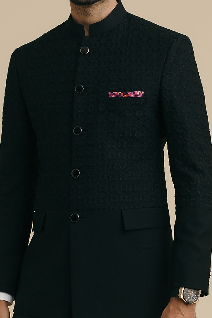 Black Milan Embroidered Wedding Bandhgala Jacket by Philocaly at Pernia's Pop Up Shop