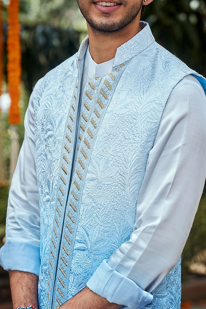 Blue Ombre Silk Embroidered Open Bundi Jacket Set by Philocaly at Pernia's Pop Up Shop