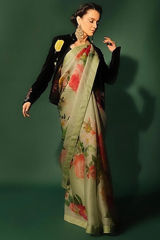 Mint Green Organza Printed Saree Set by Rohit Bal