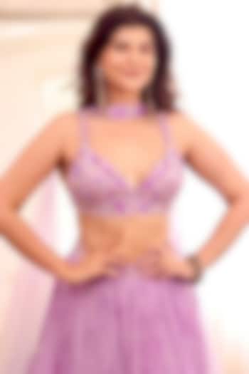 Lavender Crepe Embroidered Ruched Wedding Lehenga Set by Anshika Tak Label at Pernia's Pop Up Shop