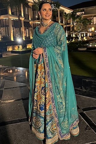 Blue Raw Silk Printed & Hand Adda Work Anarkali Set by Kalista