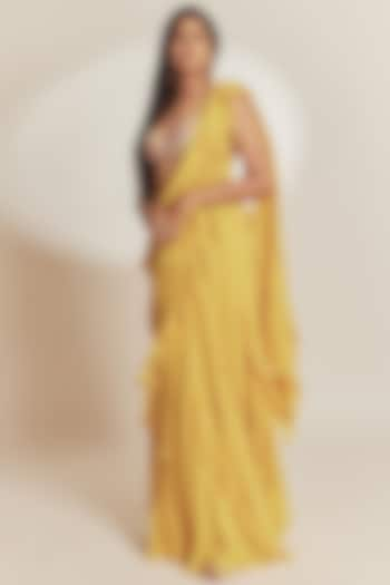 Yellow Georgette Ruffled Lehenga Saree Set by Anu Pellakuru at Pernia's Pop Up Shop