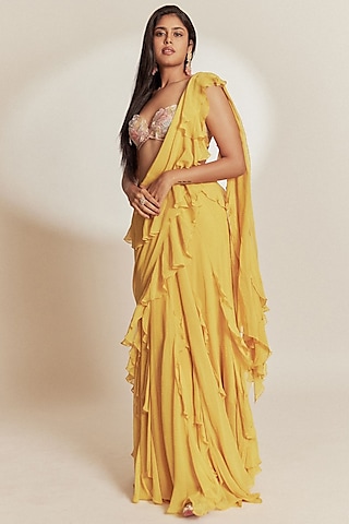 Yellow Georgette Ruffled Lehenga Saree Set by Anu Pellakuru