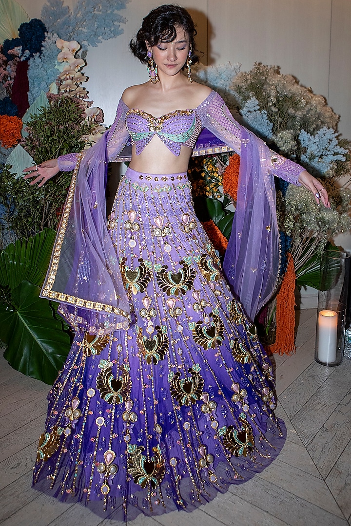 Lilac Tulle Metal Embellished Lehenga Set by Papa Don't Preach by Shubhika