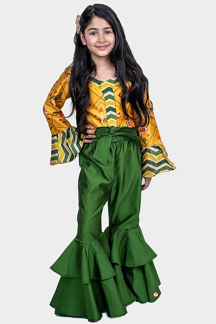 Green Silk Cotton Sharara Set For Girls by PiccoRicco at Pernia's Pop Up Shop