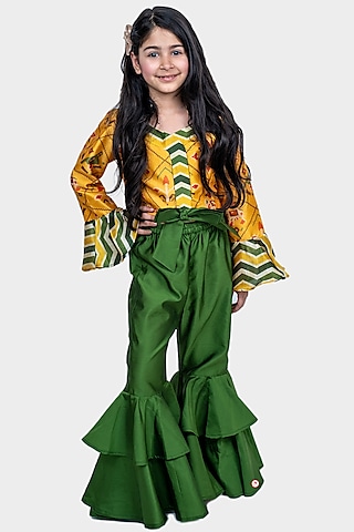 Green Silk Cotton Sharara Set For Girls by PiccoRicco