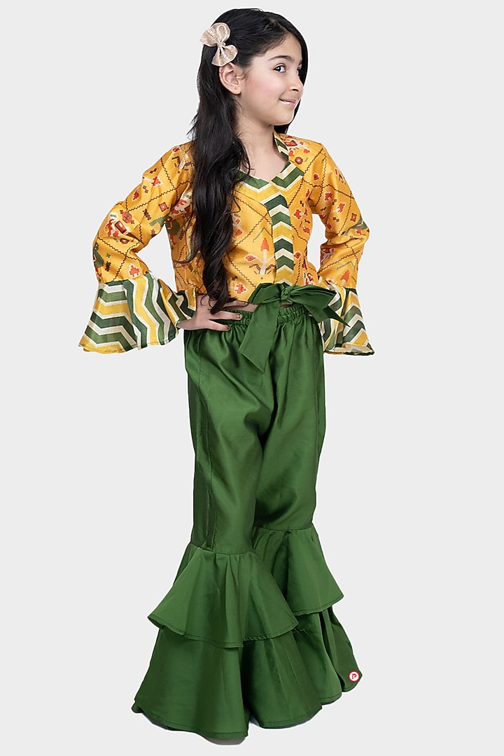 Green Silk Cotton Sharara Set For Girls by PiccoRicco at Pernia's Pop Up Shop