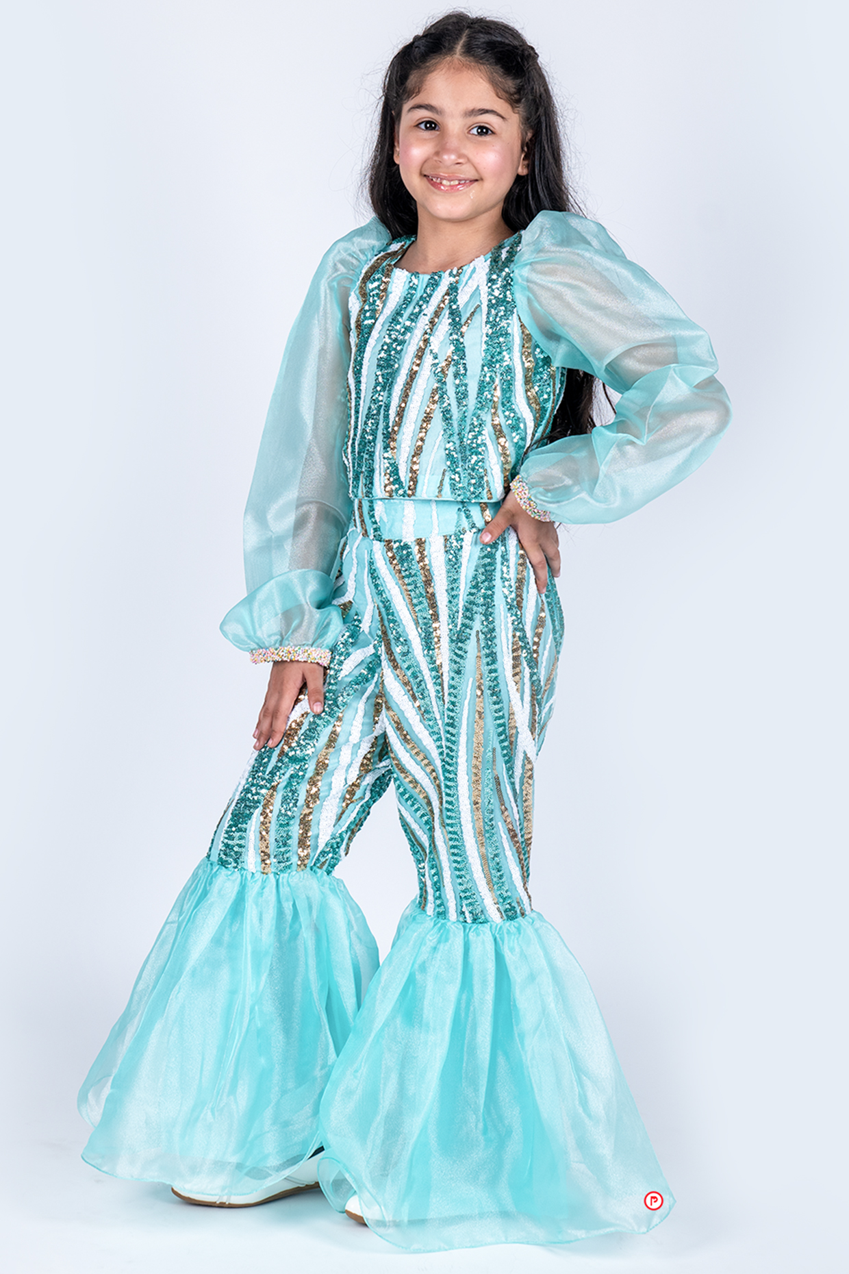 Green Net Sequins Embroidered Co-Ord Set For Girls by PiccoRicco at Pernia's Pop Up Shop